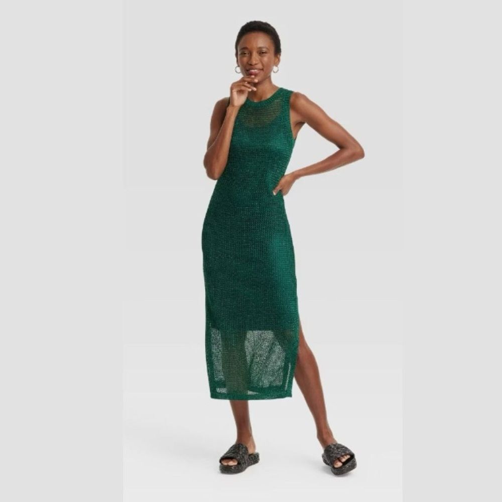 A New Day Openwork Midi Tank Dress Size Small Emerald Green Loose Knit Sheer
